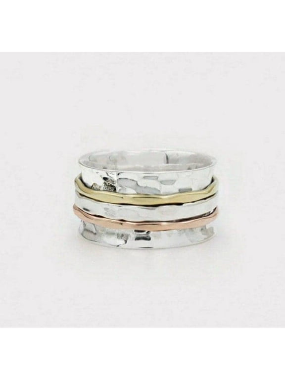 Three-Tone Spinner Ring, Hammered Minimalist Band, Textured Fidget Style Jewelry for Women, Valentine Gift