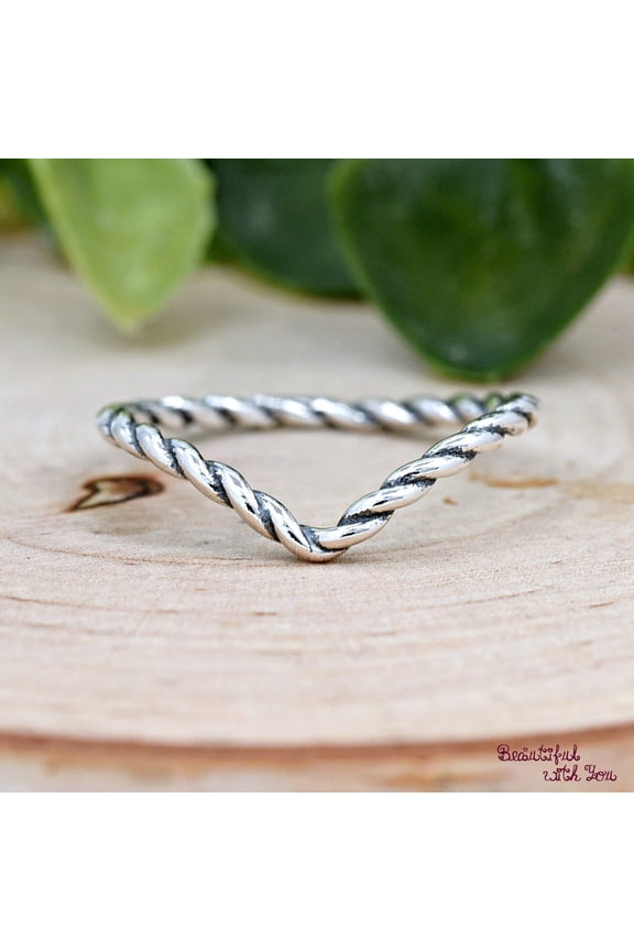 - Twist Rope Chevron Ring Sterling Silver Band - Oxidized Silver Stackable Midi Ring With Fine Detail Vintage Style Jewelry Gift