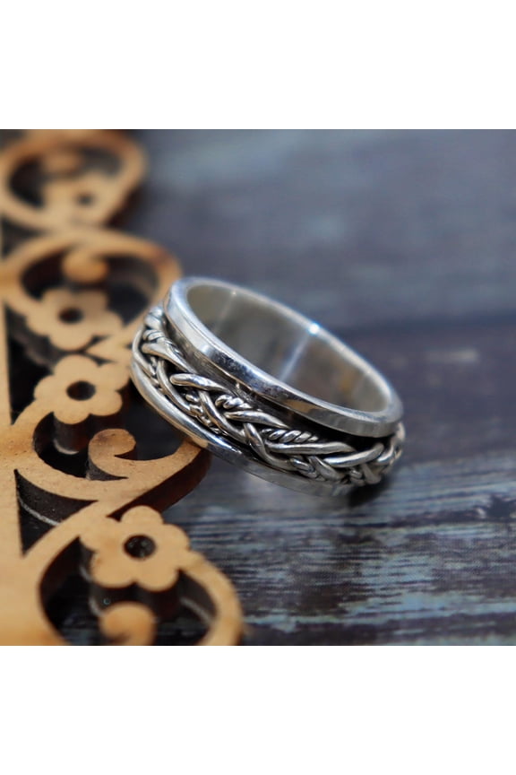 - Twisted Spinner Ring Wide Boho Hammered Band 925 Sterling Silver Anxiety Relief Jewelry