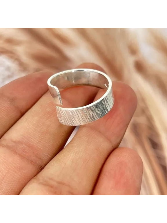 adjustable silver ring, Boho Artisan Silver Ring With Hammered Open Wrap Band, Textured Statement Jewelry For Women Everyday Wear