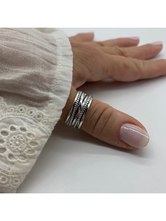 Adjustable Silver Thumb Ring, Chunky Weaved Textured Statement Band With Open Silhouette For Women Daily Wear