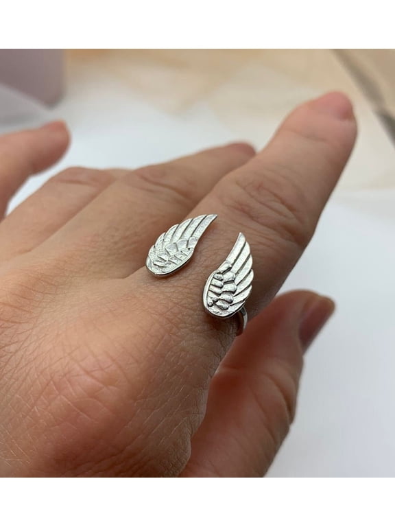 angel wing ring Feather Texture Adjustable Wrap Band Statement Jewelry for Boho Style