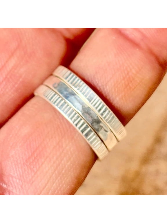 hammered silver ring set, Dainty Stackable Trio with Textured Artisan Bands, Boho Silver Ring Set for Women Everyday Wear