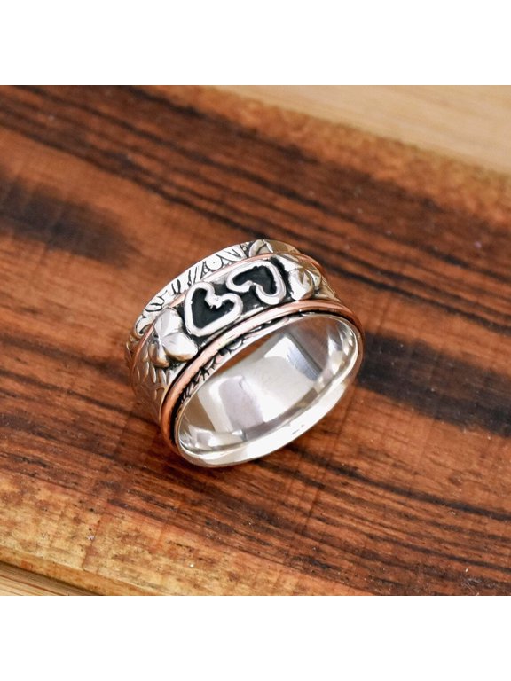 Heart Spinner Ring, Two-Tone Hammered Band with Rotating Heart Motif