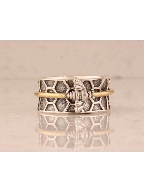 honey bee spinner ring Two-Tone Wide Band with Oxidized Bee Motif for Daily Wear