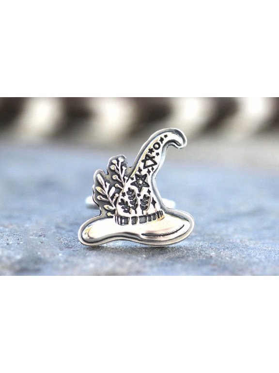Gothic Pentagram Ring, Witch Hat Band With Herb Motif, Vintage Occult Statement Jewelry For Women Daily Wear