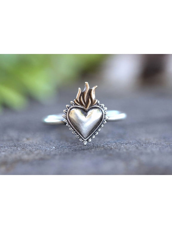 Sacred Heart Ring, Artisan Silver Statement Ring With Milagro Heart Centerpiece, Flame Motif Accent For Adult Wear