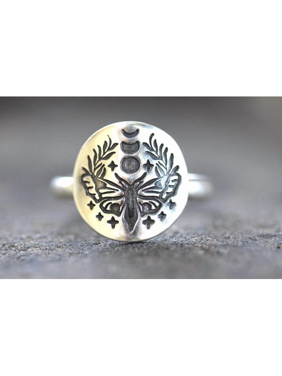 silver moth ring Celestial Silver Adjustable Wrap Band with Moon Phase and Fern Leaf Detail, Elegant Everyday Women Jewelry