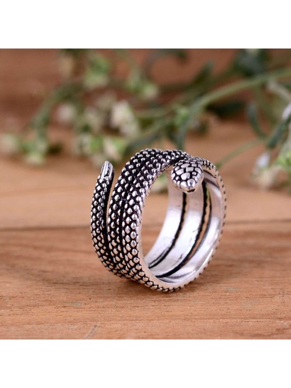 silver snake ring Boho Silver Ring Coiled Serpent Band with Detailed Scales, Textured Wrap Jewelry for Adult Unisex Style
