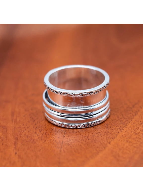 silver spinner ring, Elegant Silver Spinner Ring Wide Two-Layer Challa Style Statement Band For Women Everyday Wear