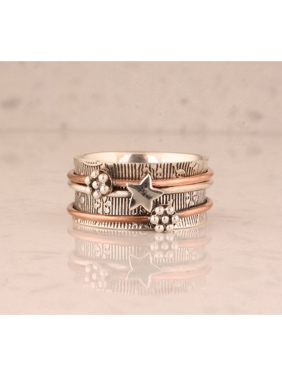 silver spinner ring Three Tone Textured Band with Engraved Flower and Star Motif