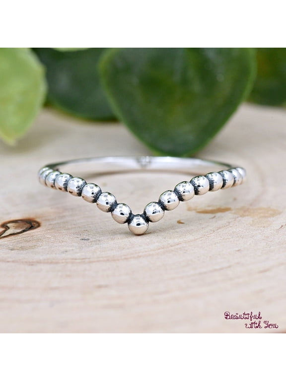 silver stackable ring Boho Chevron Bead Band Dainty Wishbone Texture Ring For Women, Everyday Minimalist Style