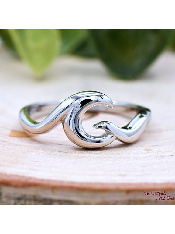 silver wave ring, Coastal Pattern 5mm Stackable Band with Sea Wave Motif