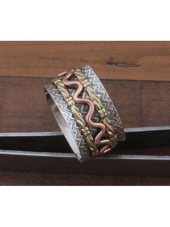 Spinner Ring, Three-Tone Band With Carved Wave And Zigzag Design, Modern Statement Jewelry For Women Everyday Wear