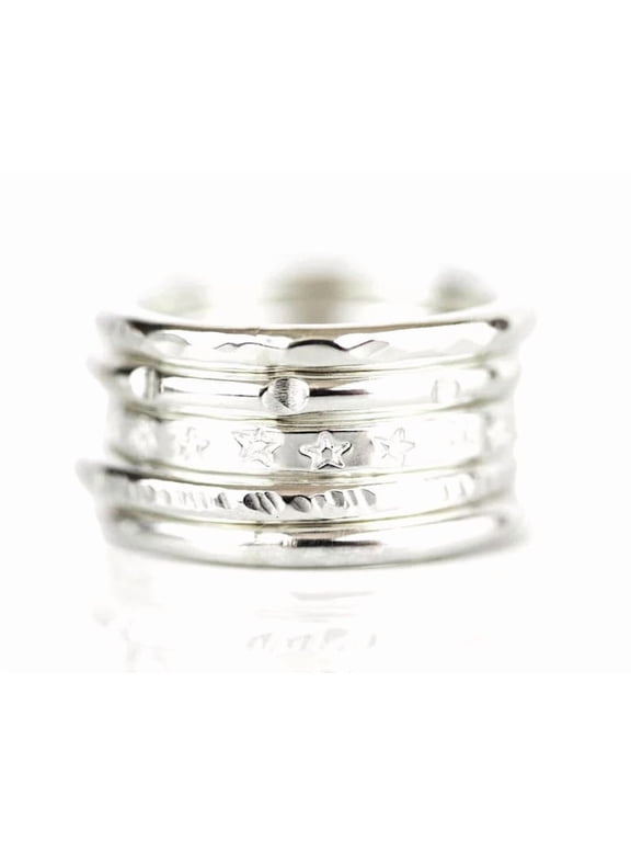 stacking silver rings' Handmade Silver Plated Band Set with Hammered Rope and Etched Textures for Minimalist Boho Jewelry Styles