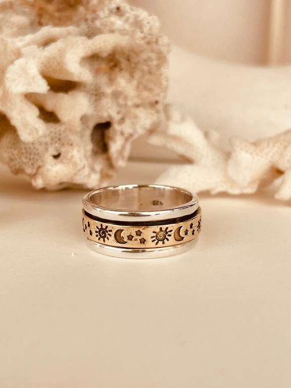 sun moon spinner ring, Gold Tone Celestial Band, 6mm Wide Rotating Fashion Jewelry