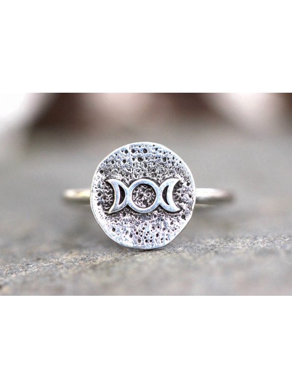 triple moon goddess ring, Boho Silver Ring with Textured Coin Moon Phase Band, Oxidized Finish for Women Everyday Wear