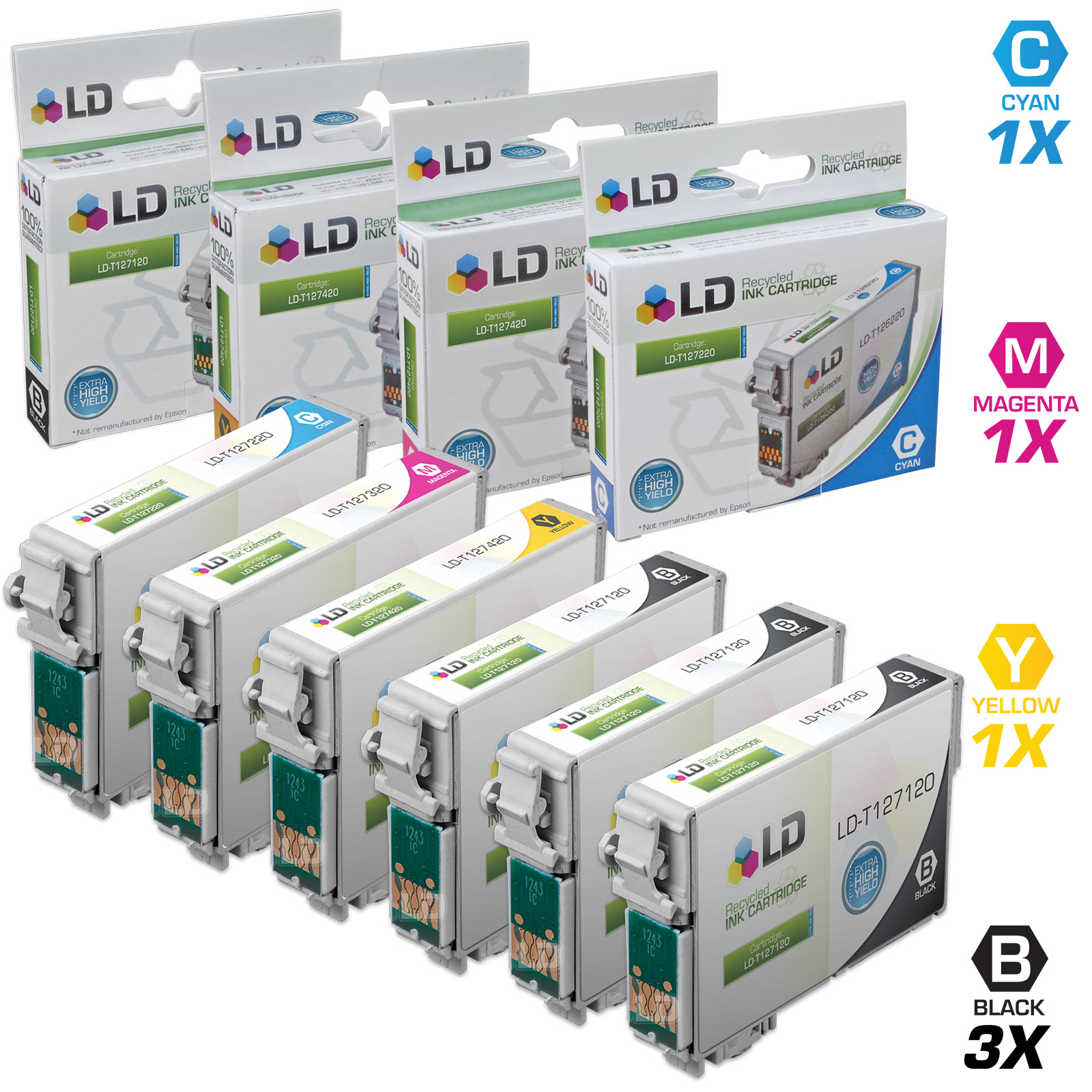 LD Epson Remanufactured T127 Set of 6 Extra High Capacity Cartridges: Includes 3 Black (T127120), 1 Cyan (T127220), 1 Magenta (T127320),1 Yellow (T127420) - image 1 of 1