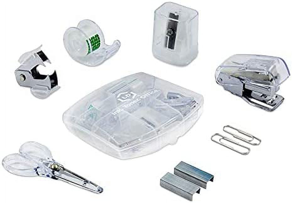 LD Products Clear Mini Office Supply Kit Portable Case with Scissors, Paper  Clips, Tape Dispenser, Pencil Sharpener, Stapler & Staple Remover