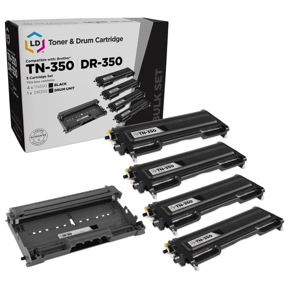 LD Compatible Replacement for Brother Set of 4 Black TN350 Laser Toner & 1 DR350 Drum Cartridges