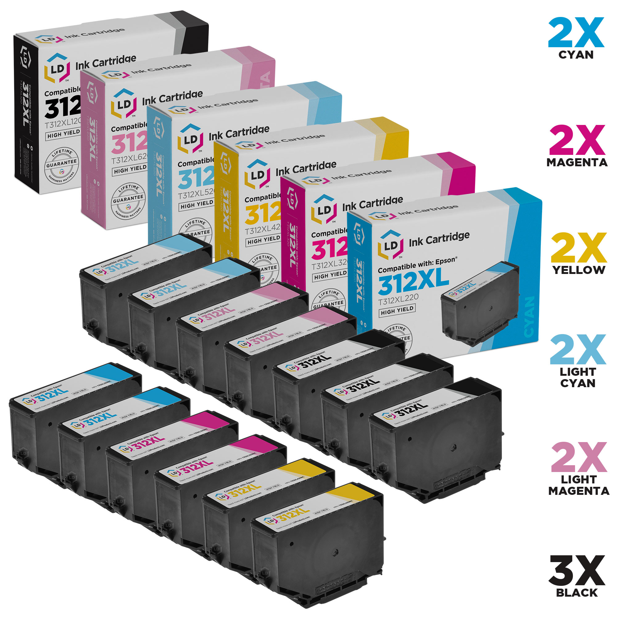 LD Products Remanufactured Epson 312XL High Yie Cartridges: 3 Black, 2 Cyan, 2 Magenta, 2 Yellow, 2 Light Cyan, 2 Light Magenta - image 1 of 6