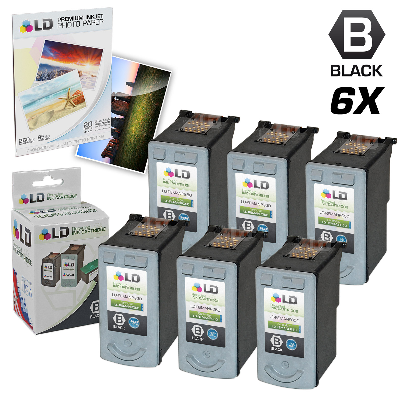 LD Remanufactured Cartridge Replacement for Canon PG50 High Capacity (Pigment Black, 6-Pack) - image 1 of 1