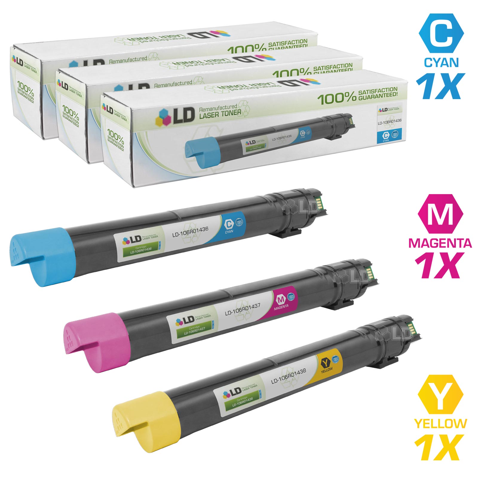LD Remanufactured Replacement for Xerox Set of 3 HY Laser Toner Cartridges: 1 106R01438 Cyan, 1 106R01437 Magenta, 1 106R01436 Yellow for Xerox Phaser 7500, 7500DN, 7500DT, 7500DX, and 7500N s - image 1 of 6