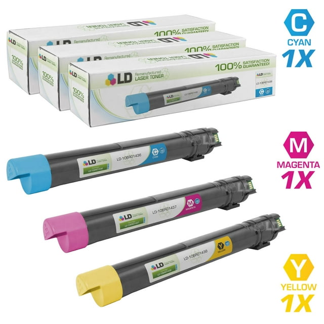 LD Remanufactured Replacement for Xerox Set of 3 HY Laser Toner Cartridges: 1 106R01438 Cyan, 1 106R01437 Magenta, 1 106R01436 Yellow for Xerox Phaser 7500, 7500DN, 7500DT, 7500DX, and 7500N s