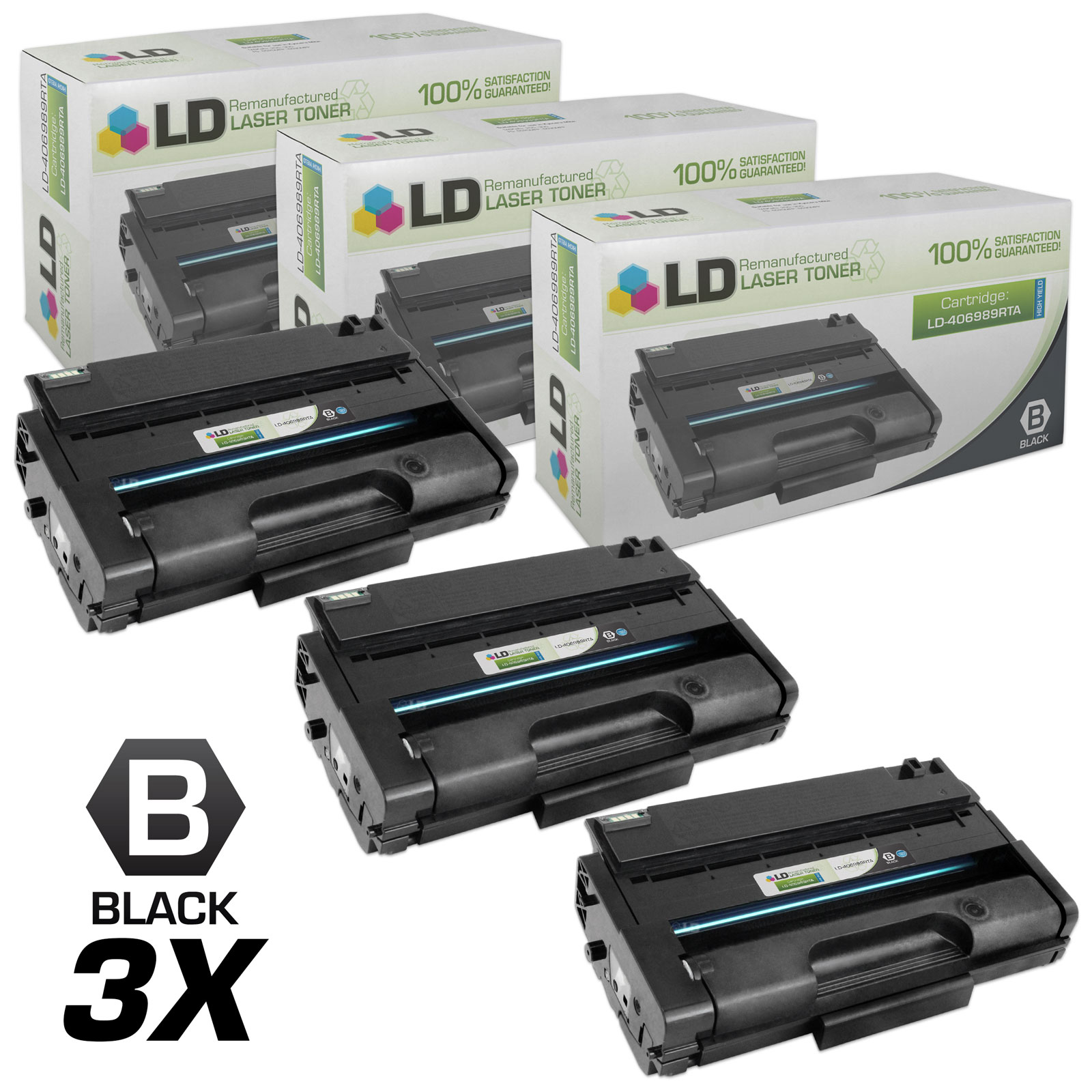 LD Remanufactured Replacements for Ricoh 406989 Set of 3 High Yield Black Laser Toner Cartridges for use in Ricoh Aficio SP 3500DN, 3500N, 3500SF, 3510DN, and 3510SF s - image 1 of 6