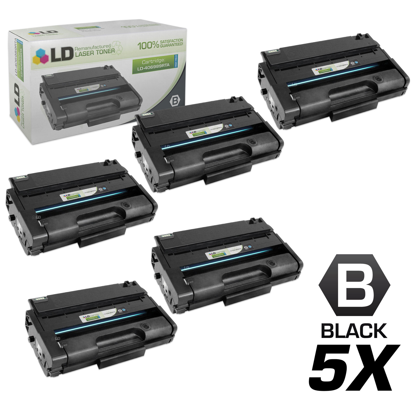 LD Remanufactured Replacements for Ricoh 406989 Set of 5 High Yield Black Laser Toner Cartridges for use in Ricoh Aficio SP 3500DN, 3500N, 3500SF, 3510DN, and 3510SF s - image 1 of 6