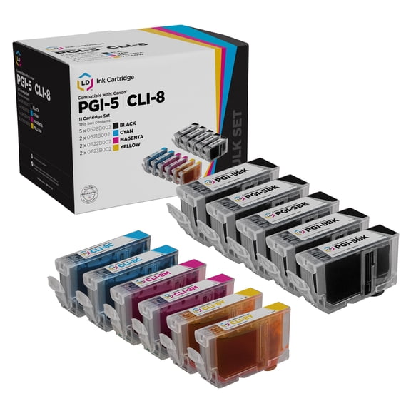 LD Compatible Replacements for Canon CLI8/PGI5 11PK Ink Cartridges Includes:5 PGI5BK Pigment Black, 2 CLI8C Cyan,