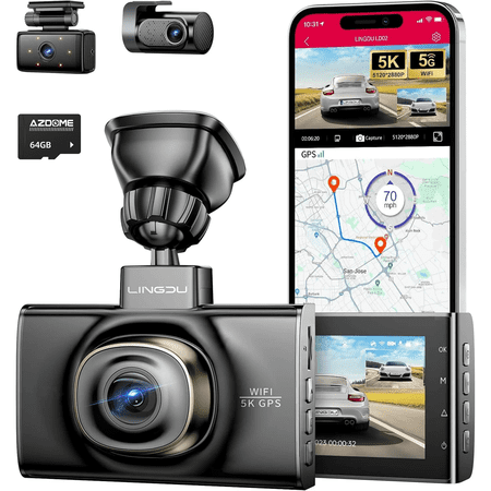 LD02 3 Channel Dash Cam 5G WiFi, 5K Dashcam for Car, 4K+1080P+1080P Front Inside and Rear Triple Car Camera, Free 64GB Card, IR Night Vision, Voice Control, GPS 24H Parking Mode