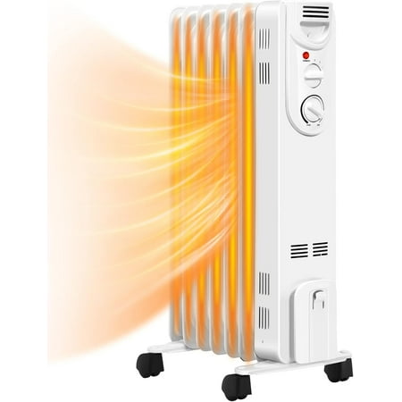 LDAILY 1500W Oil Filled Radiator Heater, Portable Space Heater W/Adjustable Thermostat & 3 Heat Settings, Overheat & Tip-Over Protection, Electric Heater for Bedroom, Easy Movement (White)