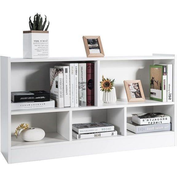 LDAILY 2-Tier 5 Cube Storage Organizer, Wooden Low Bookshelf with Spacious Top and Raised Base, Multipurpose Display Bookcase for Living Room, Bedroom, Hallway, Nursery, Reading Nook (White)