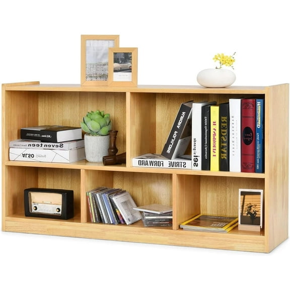 LDAILY 2-Tier 5 Cube Storage Organizer, Wooden Low Bookshelf with Spacious Top and Raised Base, Multipurpose Display Bookcase for Living Room, Bedroom, Hallway, Nursery, Reading Nook (Burly Wood)