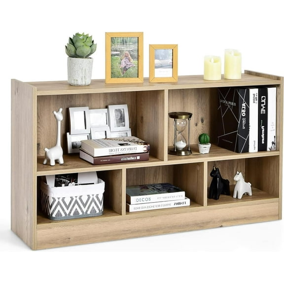 LDAILY 2-Tier 5 Cube Storage Organizer, Wooden Low Bookshelf with Spacious Top and Raised Base, Multipurpose Display Bookcase for Living Room, Bedroom, Hallway, Nursery, Reading Nook (Natural)