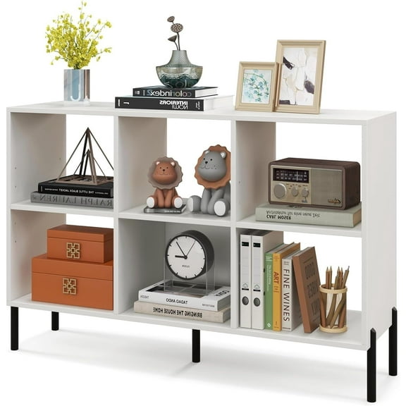 LDAILY 3-Tier Bookcase, 6 Cube Wooden Open Bookshelf with Metal Legs, 5-Position Adjustable Shelves, Modern Freestanding Storage Organizer Display Cabinet for Bedroom, Living Room (White)