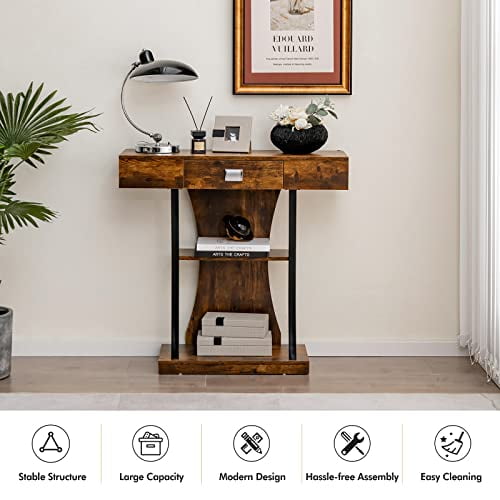 LDAILY 3-Tier Console Table, Narrow Sofa Table With Storage Drawer ...