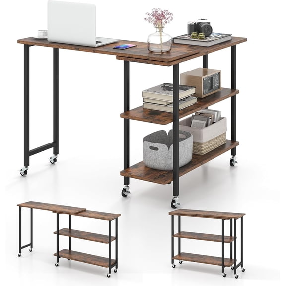 Hanyu 360° Rotating Sofa Side Table, Movable Laptop Desk with 2-Tier Storage Shelves, Sturdy Metal Frame, Swivel Rolling Desk with 6 Lockable Casters, Mobile End Table for Home Office (Rustic Brown)