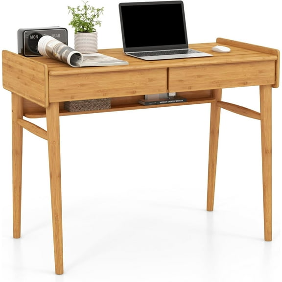 LDAILY 39.5" Bamboo Computer Desk, Modern Writing Desk Study Table and Workstation with 2 Drawers, Open Shelf, Wire Management Groove, Anti-Slipping Footpads, Wooden Desk for Home Office, Natural