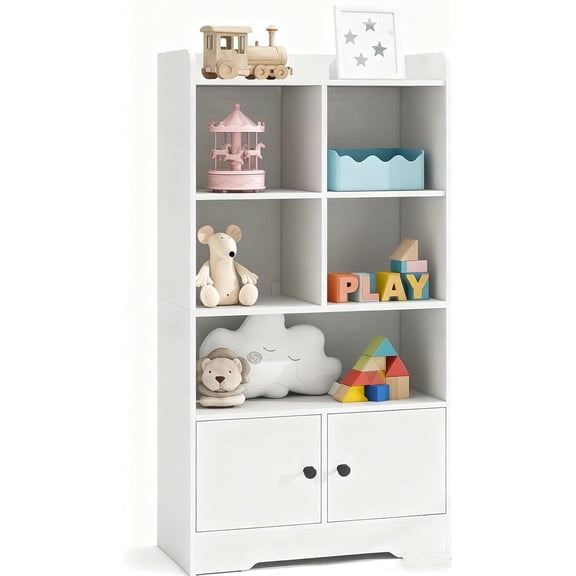 LDAILY 4-Tier Kids Tall Bookshelf, Modern Floor Large Bookcase with Doors & 5 Open Compartments, Freestanding Tall Storage Cabinet for Living Room, Playroom, Nursery, Bedroom, Study & Office, White