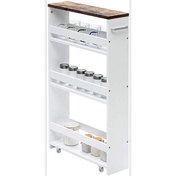LDAILY 4 Tier Storage Cart, White, 5.1" Wide, Compact and Space-saving Design, Easy to Move, Durable MDF and Engineered Wood Construction