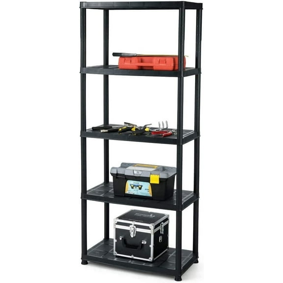 LDAILY 5 Tier Plastic Storage Shelves, Easy to Assemble Garage Rack, Multi-Use Free Standing Shelf Unit, Heavy Duty Shelving for Home Office, Black(1, 36”L X 18”W X 73”H)
