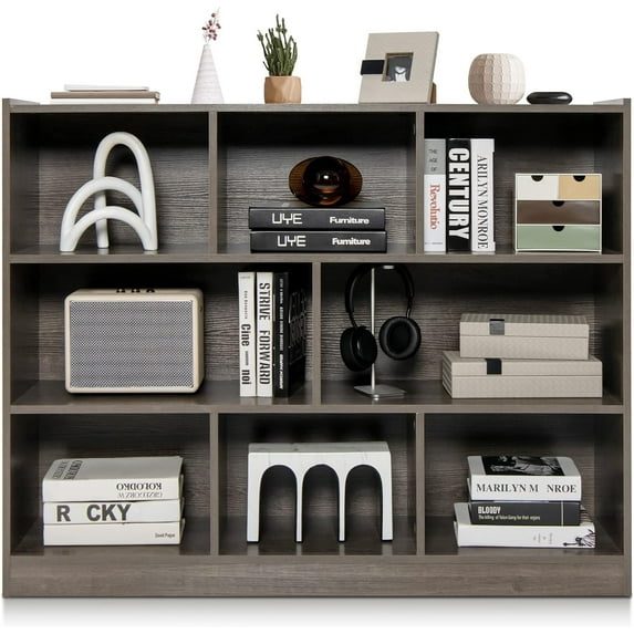 LDAILY 8 Cube Low Bookcase, 3 Shelf Horizontal Bookshelf, 3-Tier Storage Cabinet with Anti-Tipping Device, Modern Storage Shelves for Living Room, Classroom, Kids Room, Office (Gray)