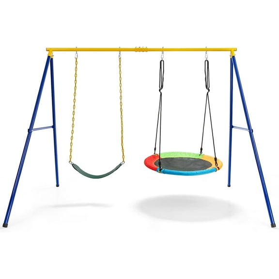 LDAILY A-Frame Swing Stand with 2-Pack Swing Sets, 660lbs A-Frame Swing Sets for Backyard w/Ground Stakes and Adjustable Ropes, Great for Indoor Outdoor