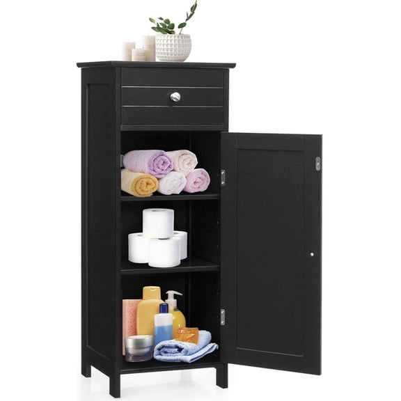 LDAILY Bathroom Floor Cabinet, Single Door Floor Storage Cabinet w/Large Drawer & 2 Adjustable Shelves, Wooden Side Storage Organizer Unit for Home Use
