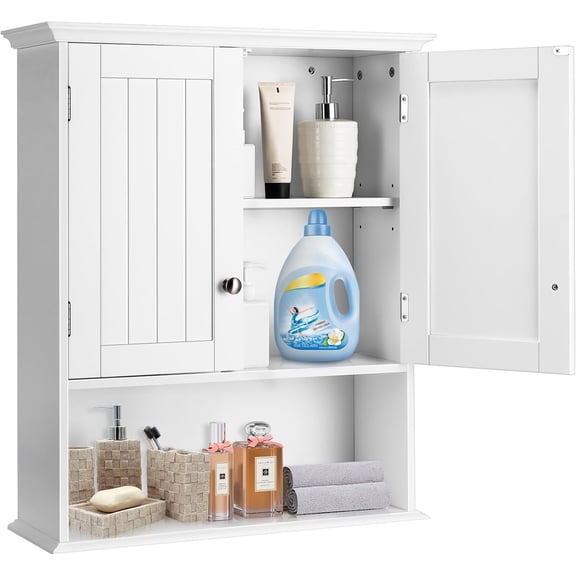 LDAILY Bathroom Wall Cabinet, Over the Toilet Storage Cabinet with 2 Doors, 3 Heights Adjustable Shelf & Open Shelf, Wooden Hanging Medicine Cabinet for Bathroom, Kitchen,White