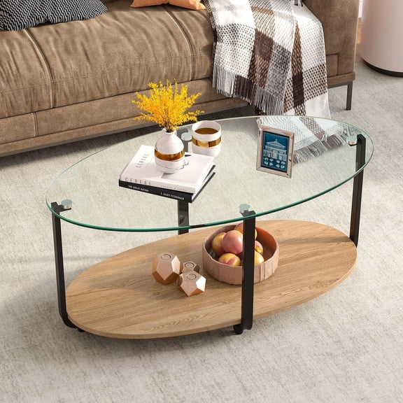 LDAILY Coffee Table, 2 Tier Glass Coffee Table 37 with Tempered Glass Top & Wooden Shelf, Modern Oval Tea Table with Metal Legs, Small Center Table for Living Room, Reception Room, Home, Office