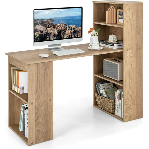 LDAILY Computer Desk with Bookshelf, 48” Modern Office Desk w/ 6-Tier Storage Shelves,CPU Stand, Wider Base, 3-in-1 Reversible Study Table, Writing Desk for Home Office, Bedroom, Study Room (Natural)