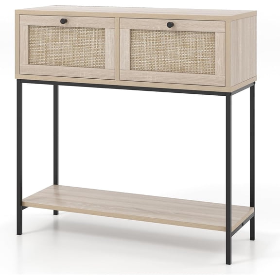 LDAILY Console Tables for Entryway, Oak Rattan Narrow Boho Desk with 2 Drawers, Open Shelf and Metal Frame, Sofa Table with Storage, Wood Small Entryway Table for Living Room, Hallway, Foyer